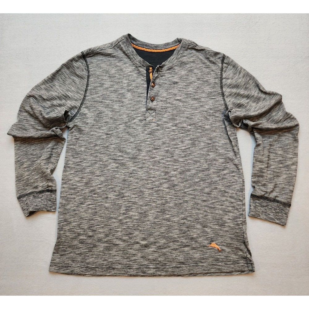 Tommy Bahama Mens Grey Space Dye Long Sleeve Henley Shirt Large Marlin Logo